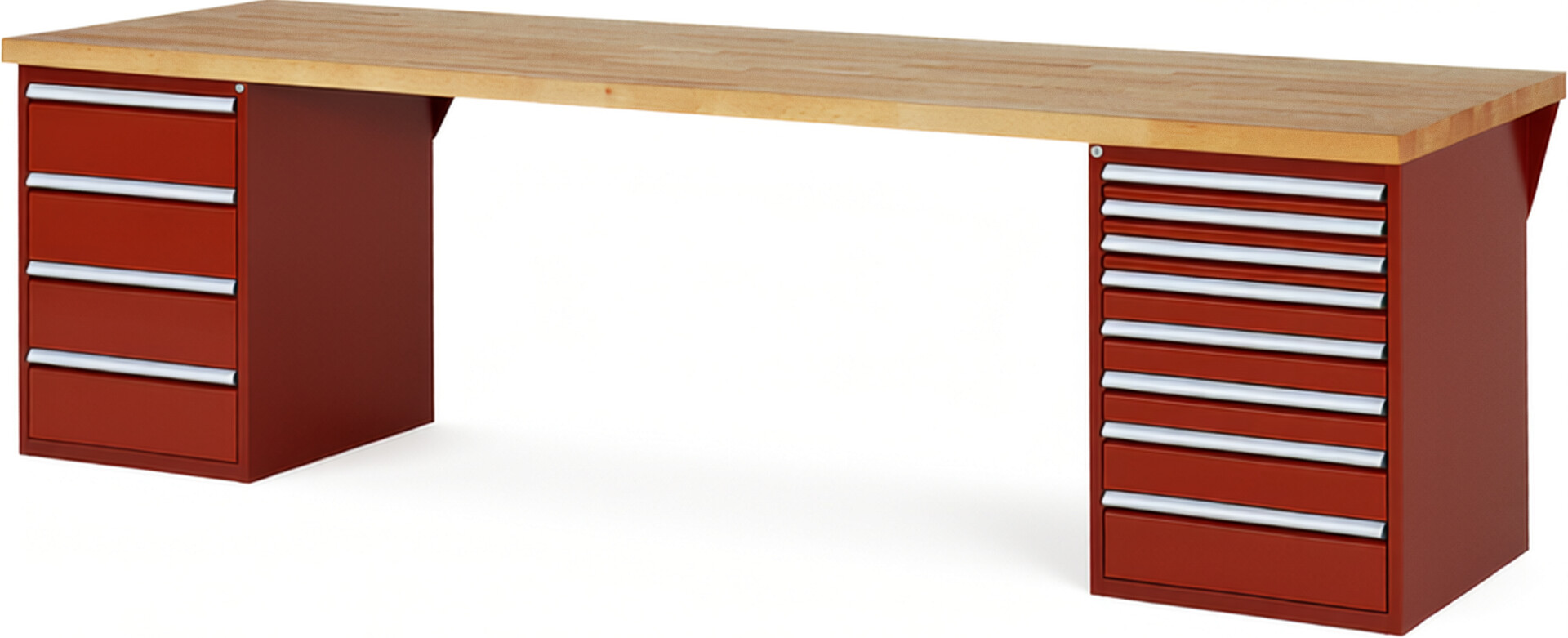 Werkbank Modell 7822 rot, BxTxH 3000x900x890 mm,  Buche-Massiv Arbeitsplatte 40 mm,  12 Schubladen mit  Auszug 90 %