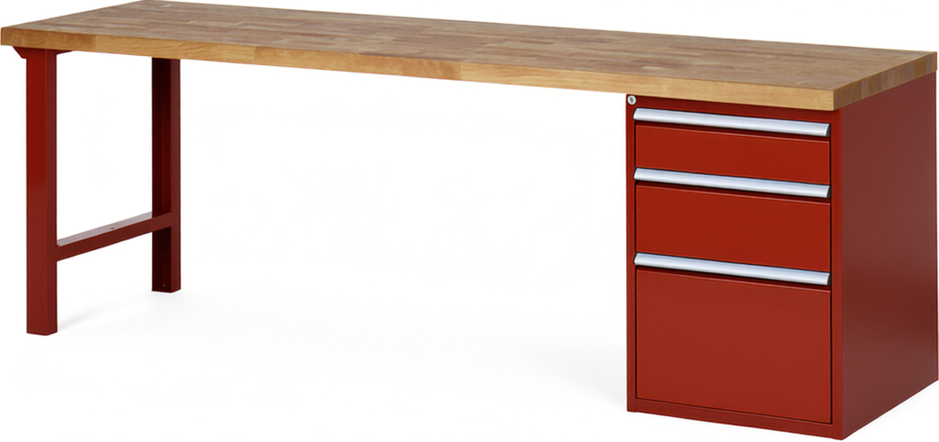 Werkbank Modell 7508 rot, BxTxH 2500x700x840 mm,  Buche-Massiv Arbeitsplatte 40 mm,  3 Schubladen mit  Vollauszug 100 % und  SoftClosing