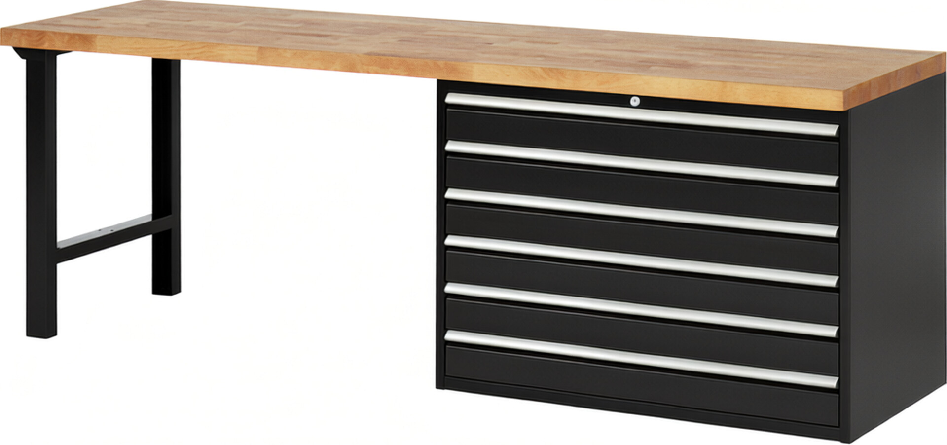 Werkbank Modell 7716 schwarz, BxTxH 2500x700x840 mm,  Buche-Massiv Arbeitsplatte 40 mm,  6 Schubladen mit  Vollauszug 100 % und  SoftClosing
