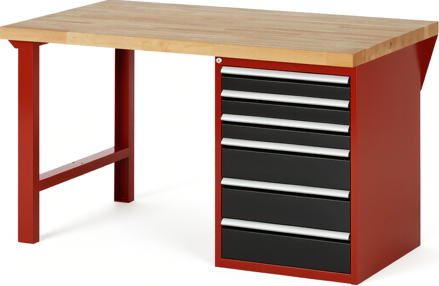 Werkbank Modell 7515 rot - schwarz, BxTxH 1500x900x890 mm,  Buche-Massiv Arbeitsplatte 40 mm,  6 Schubladen mit  Vollauszug 100 % und  SoftClosing