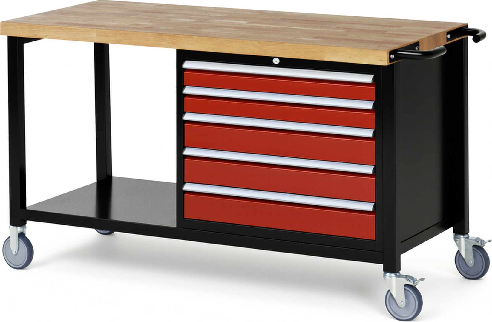 RAU Werkbank schwarz - rot - Breite 150 cm - Tiefe 70 cm - Höhe 108 cm - Buche-Massiv Arbeitsplatte 40 mm