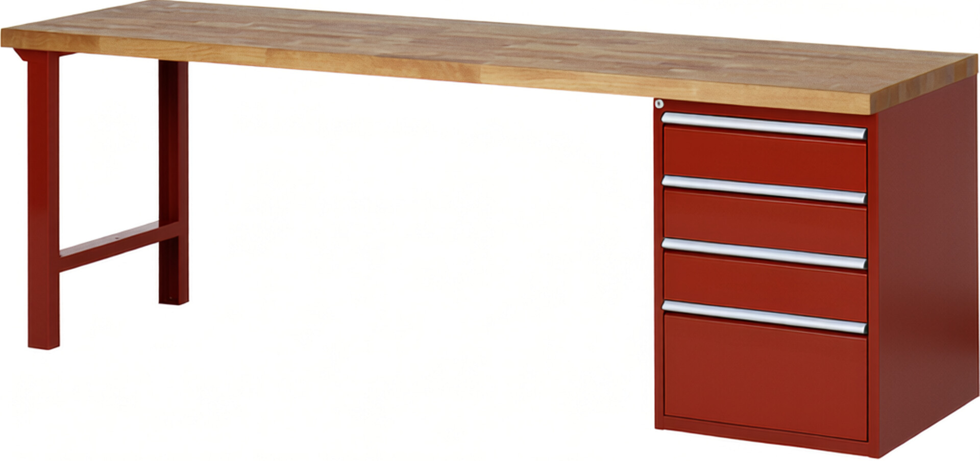 Werkbank Modell 7510 rot, BxTxH 2500x700x890 mm,  Buche-Massiv Arbeitsplatte 40 mm,  4 Schubladen mit  Auszug 90 %