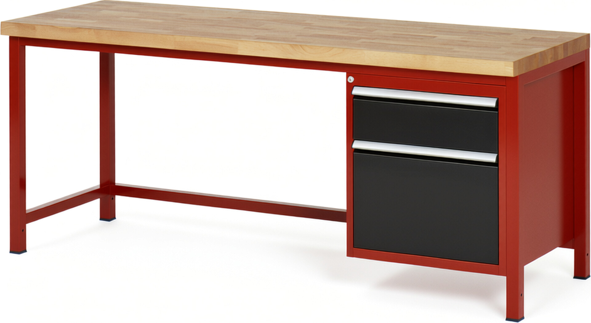Werkbank Modell 8156 rot - schwarz, BxTxH 2000x700x840 mm,  Buche-Massiv Arbeitsplatte 40 mm,  2 Schubladen mit  Vollauszug 100 % und  SoftClosing