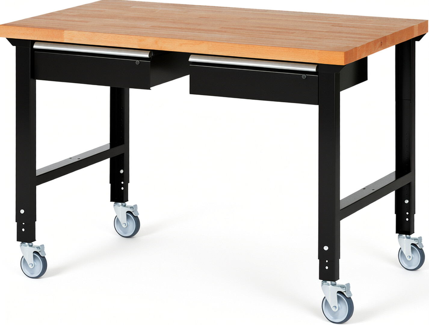 Fahrbare Werkbank Modell 7002 schwarz, BxTxH 1500x900x950-1000 mm,  Buche-Massiv Arbeitsplatte 40 mm,  2 Schubladen mit  Auszug 90 %