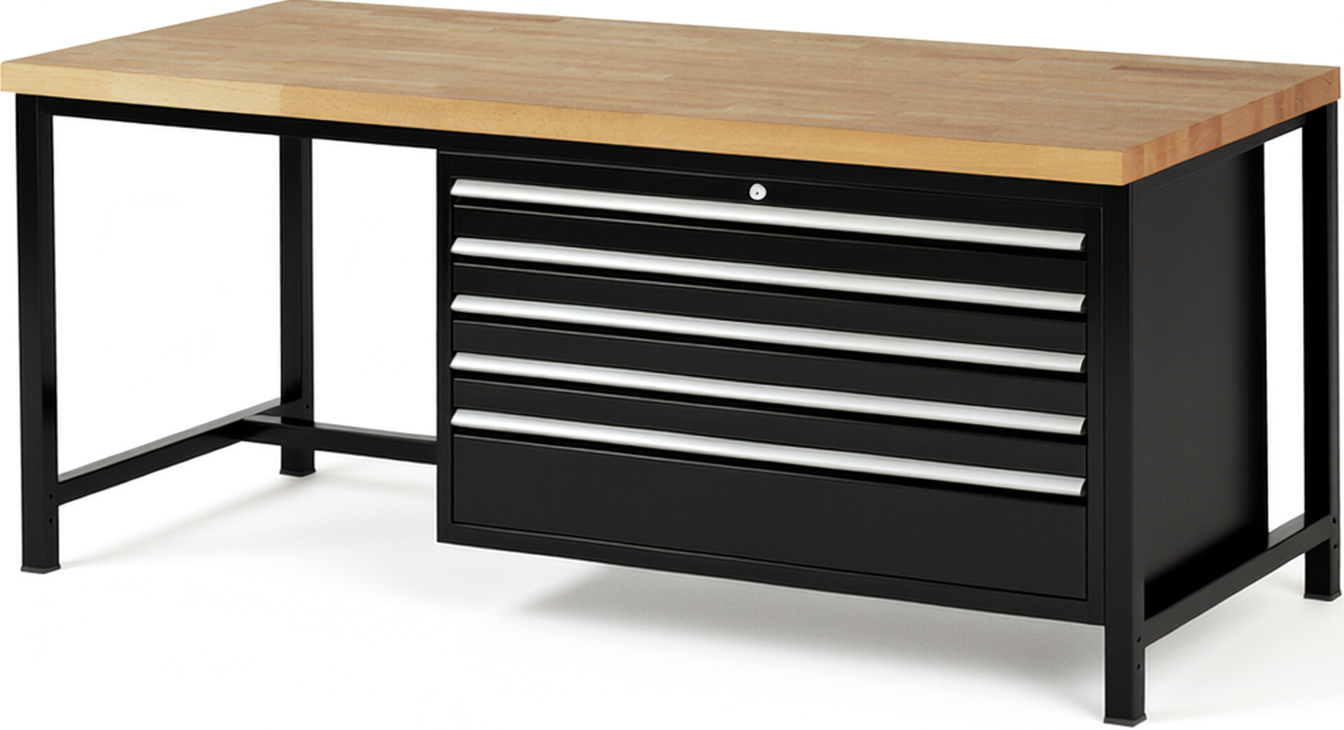 Werkbank Modell 8368 schwarz, BxTxH 2000x900x840 mm,  Buche-Massiv Arbeitsplatte 40 mm,  5 Schubladen mit  Auszug 90 %