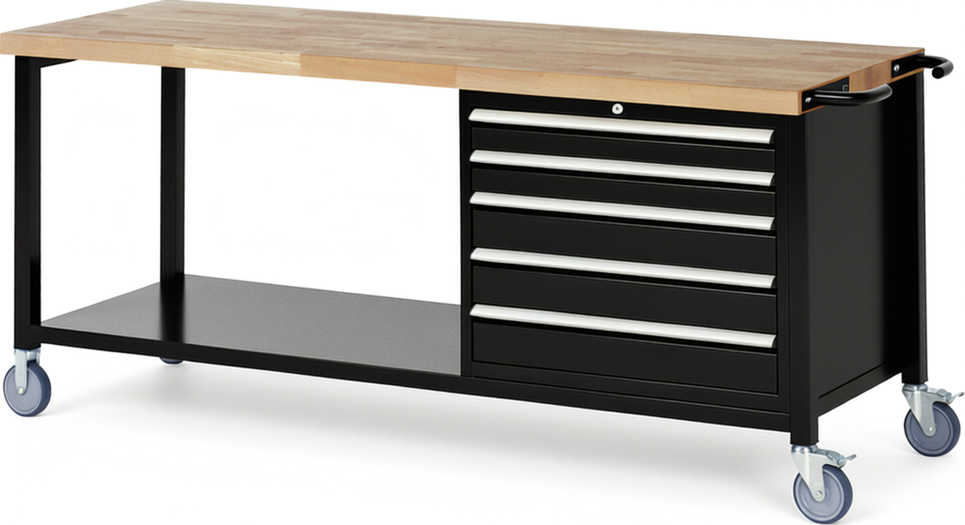 Fahrbare Werkbank Modell 8271 schwarz, BxTxH 2000x700x880-1080 mm,  Buche-Massiv Arbeitsplatte 40 mm,  5 Schubladen mit  Vollauszug 100 % und  SoftClosing
