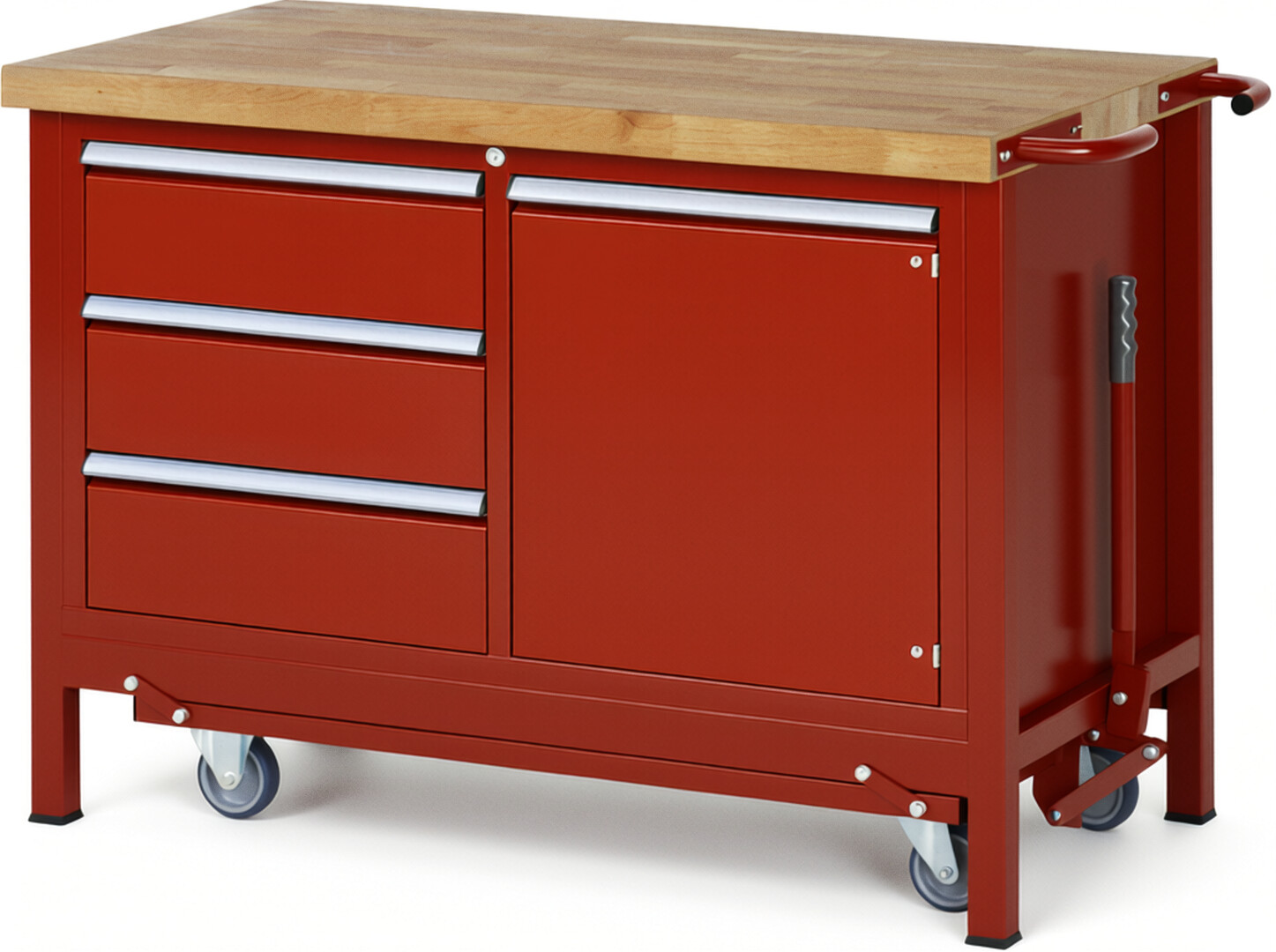 Absenkbare Werkbank Modell 8468 rot, BxTxH 1250x700x880 mm,  Buche-Massiv Arbeitsplatte 40 mm,  3 Schubladen mit  Vollauszug 100 % und  SoftClosing