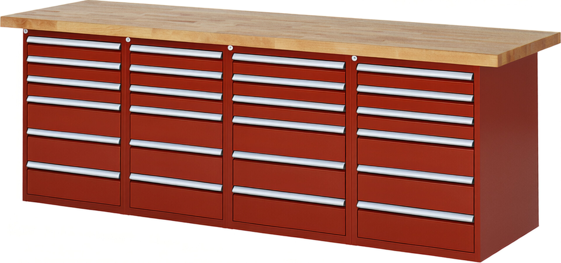 Werkbank Modell 7515 rot, BxTxH 2500x700x890 mm,  Buche-Massiv Arbeitsplatte 40 mm,  24 Schubladen mit  Auszug 90 %