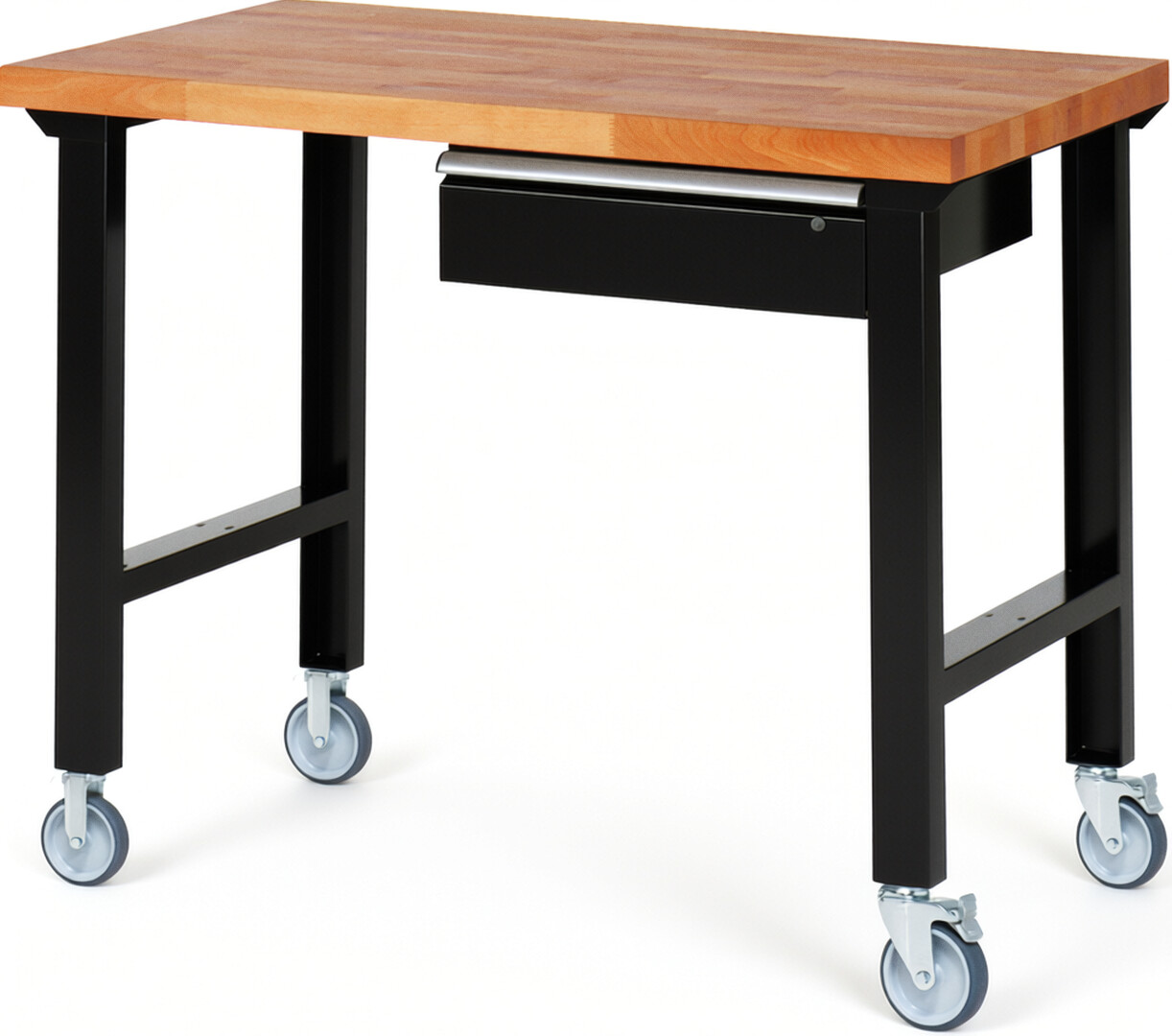 Fahrbare Werkbank Modell 7001 schwarz, BxTxH 1250x700x1000 mm,  Buche-Massiv Arbeitsplatte 40 mm,  1 Schublade mit  Auszug 90 %
