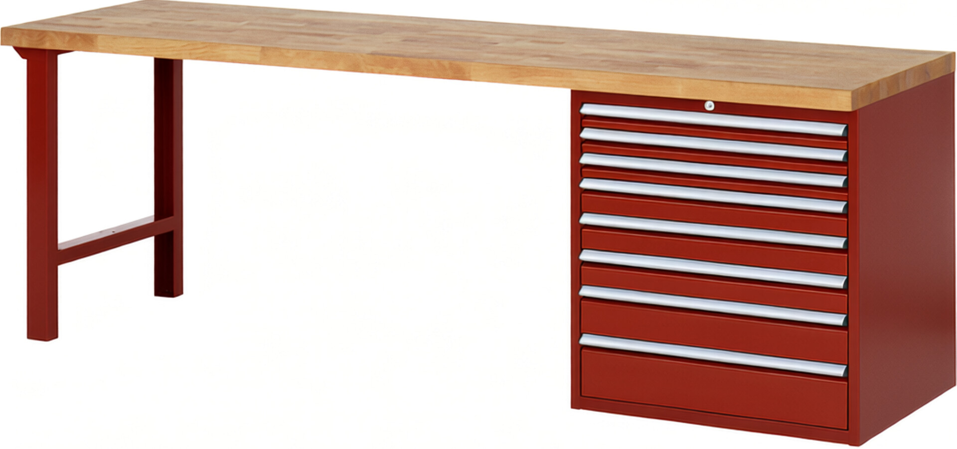 Werkbank Modell 7619 rot, BxTxH 2500x700x890 mm,  Buche-Massiv Arbeitsplatte 40 mm,  8 Schubladen mit  Auszug 90 %