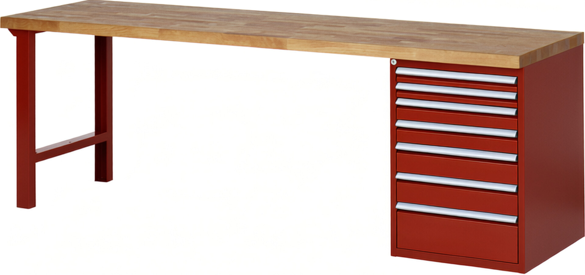 Werkbank Modell 7517 rot, BxTxH 2500x700x840 mm,  Buche-Massiv Arbeitsplatte 40 mm,  7 Schubladen mit  Auszug 90 %
