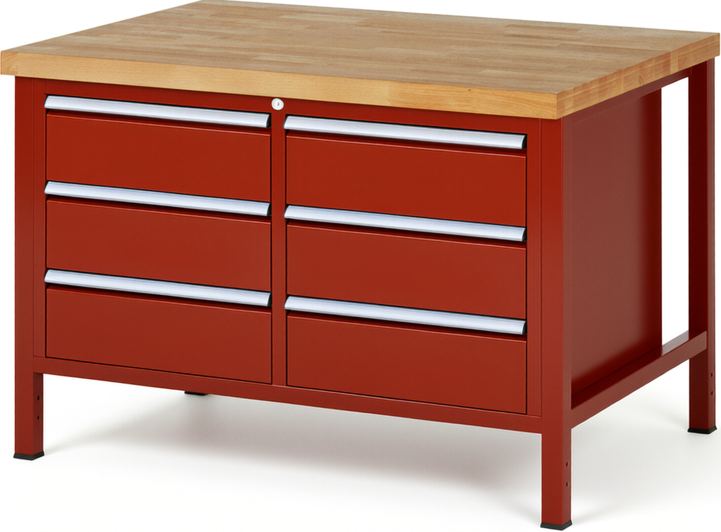 Werkbank Modell 8473 rot, BxTxH 1250x900x840-1040 mm,  Buche-Massiv Arbeitsplatte 40 mm,  6 Schubladen mit  Auszug 90 %