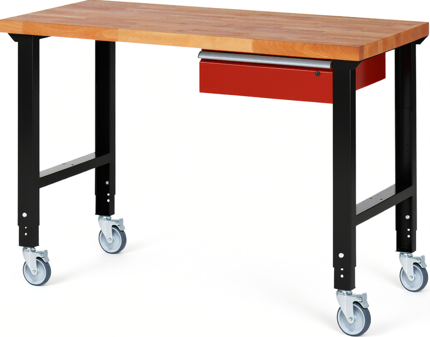RAU Werkbank schwarz - rot - Breite 150 cm - Tiefe 70 cm - Höhe 100 cm - Buche-Massiv Arbeitsplatte 40 mm