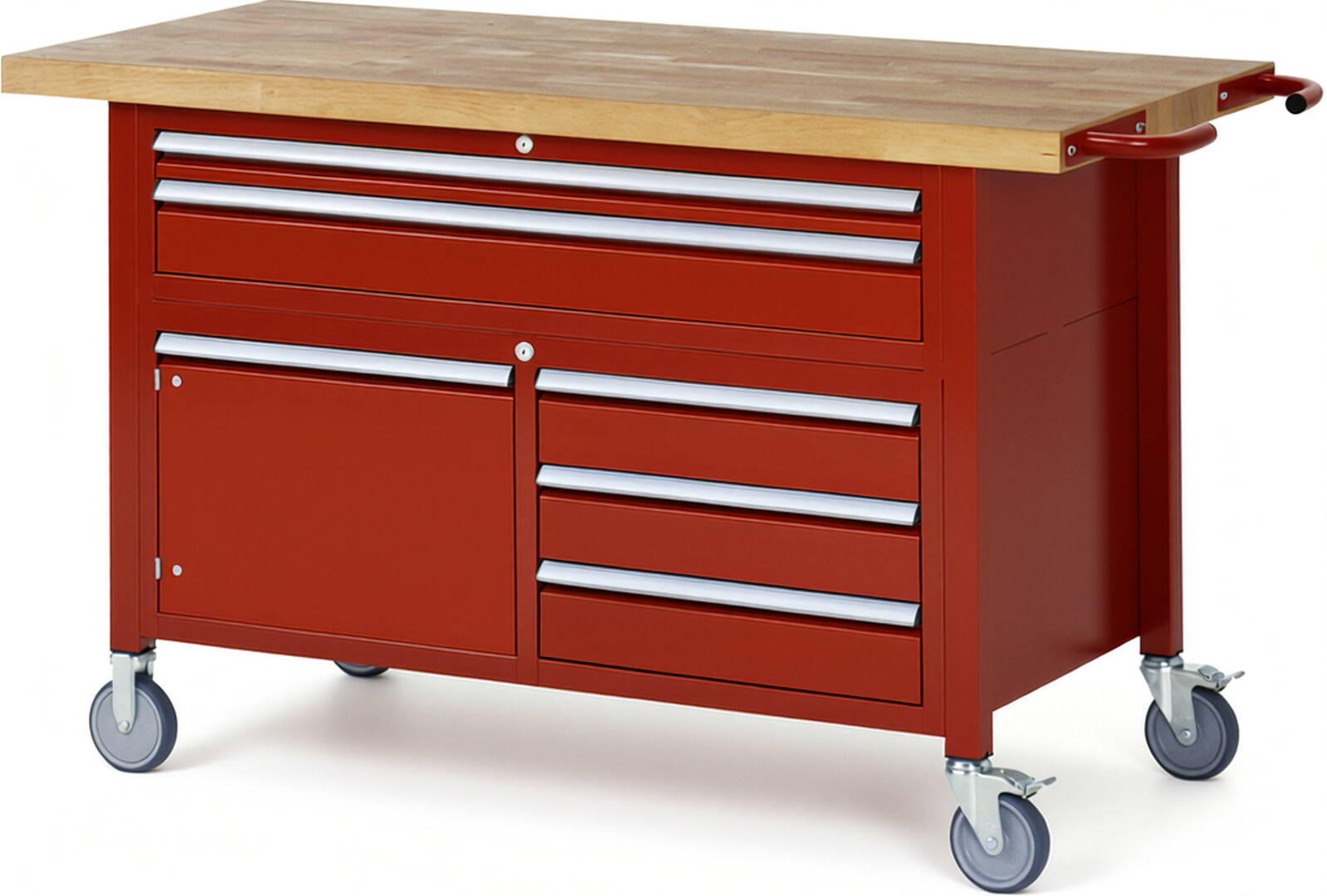 Fahrbare Werkbank Modell 8922 rot, BxTxH 1500x700x920-1120 mm,  Buche-Massiv Arbeitsplatte 40 mm,  5 Schubladen mit  Auszug 90 %