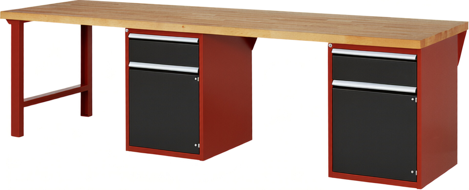 Werkbank Modell 7502 rot - schwarz, BxTxH 3000x900x840 mm,  Buche-Massiv Arbeitsplatte 40 mm,  2 Schubladen mit  Vollauszug 100 % und  SoftClosing