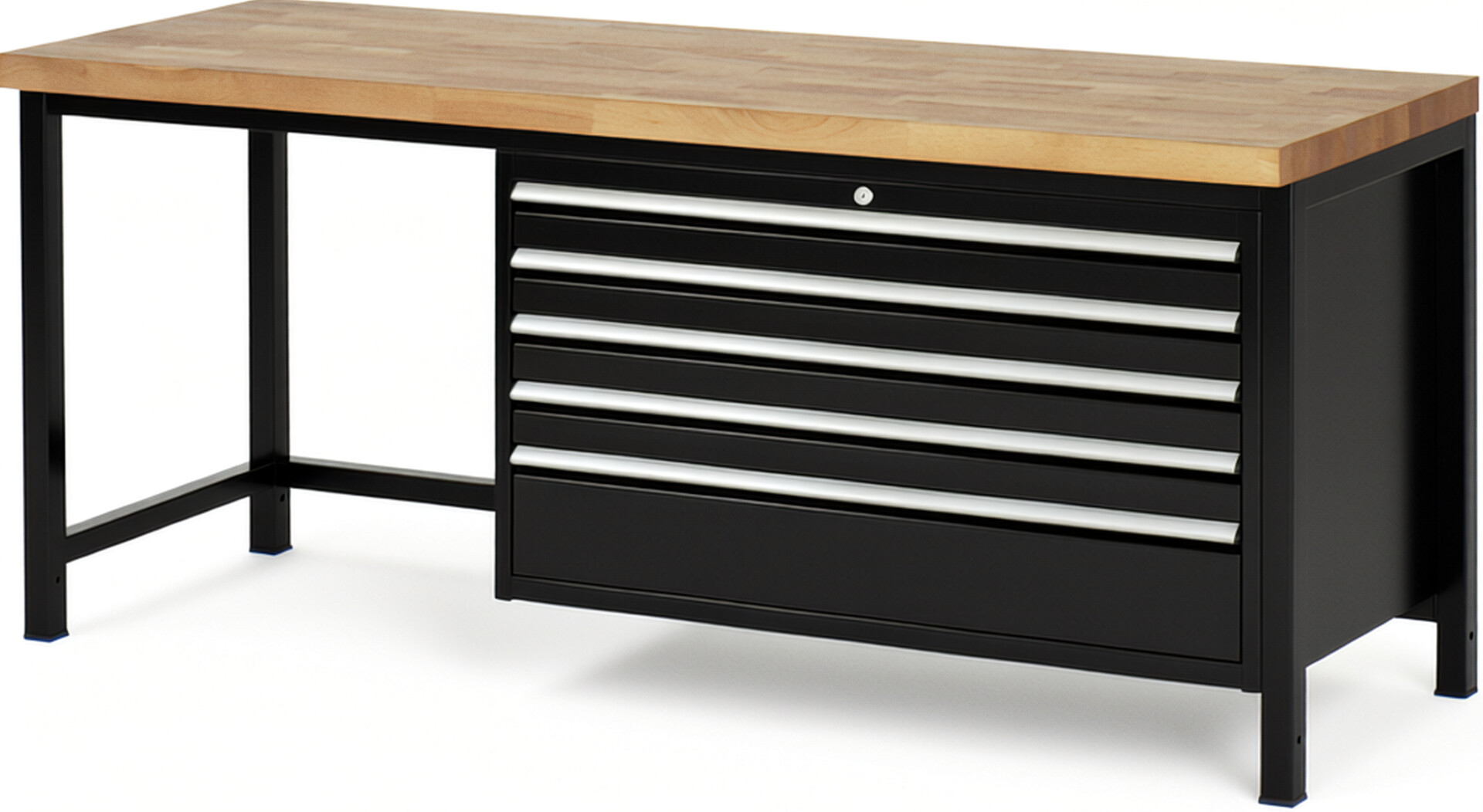 Werkbank Modell 8368 schwarz, BxTxH 2000x700x840 mm,  Buche-Massiv Arbeitsplatte 40 mm,  5 Schubladen mit  Auszug 90 %