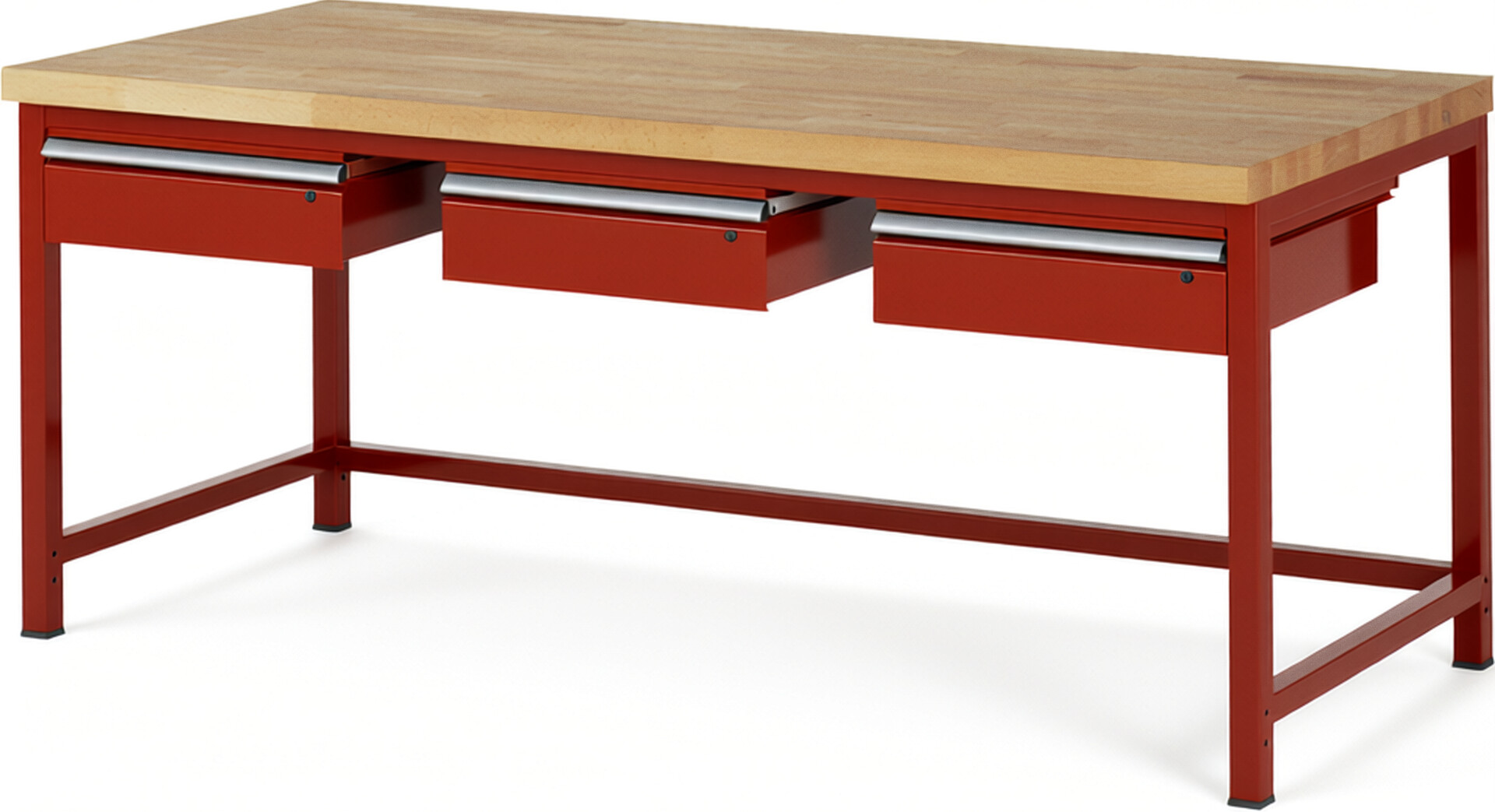 Werkbank Modell 8003 rot, BxTxH 2000x900x840 mm,  Buche-Massiv Arbeitsplatte 40 mm,  3 Schubladen mit  Auszug 90 %