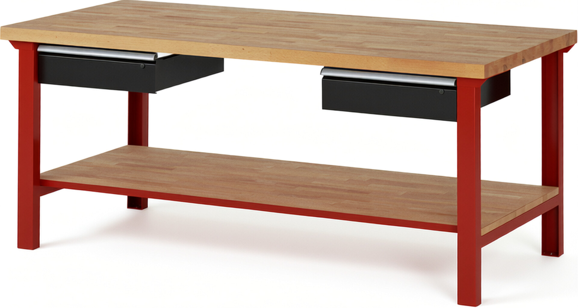 Werkbank Modell 7002 rot - schwarz, BxTxH 2000x900x840 mm,  Buche-Massiv Arbeitsplatte 40 mm,  2 Schubladen mit  Auszug 90 %
