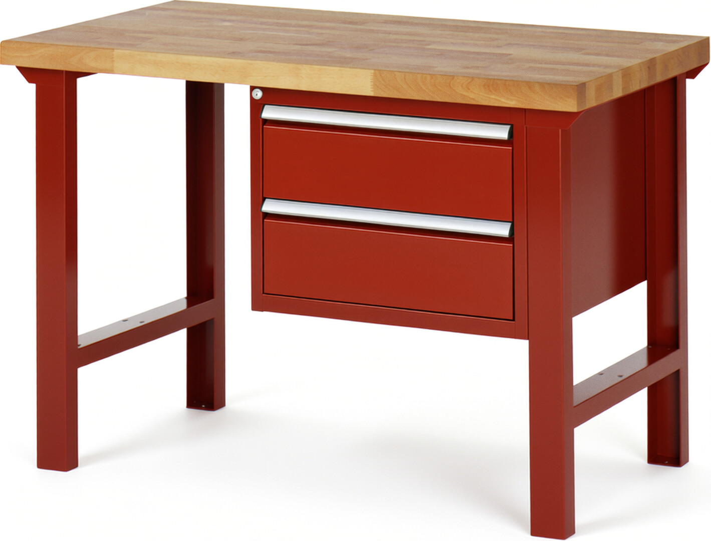 Werkbank Modell 7125 rot, BxTxH 1250x700x840 mm,  Buche-Massiv Arbeitsplatte 40 mm,  2 Schubladen mit  Auszug 90 %