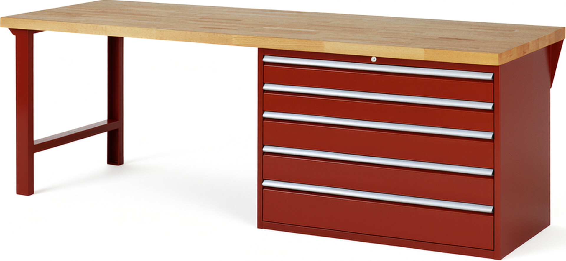 Werkbank Modell 7713 rot, BxTxH 2500x900x890 mm,  Buche-Massiv Arbeitsplatte 40 mm,  5 Schubladen mit  Auszug 90 %