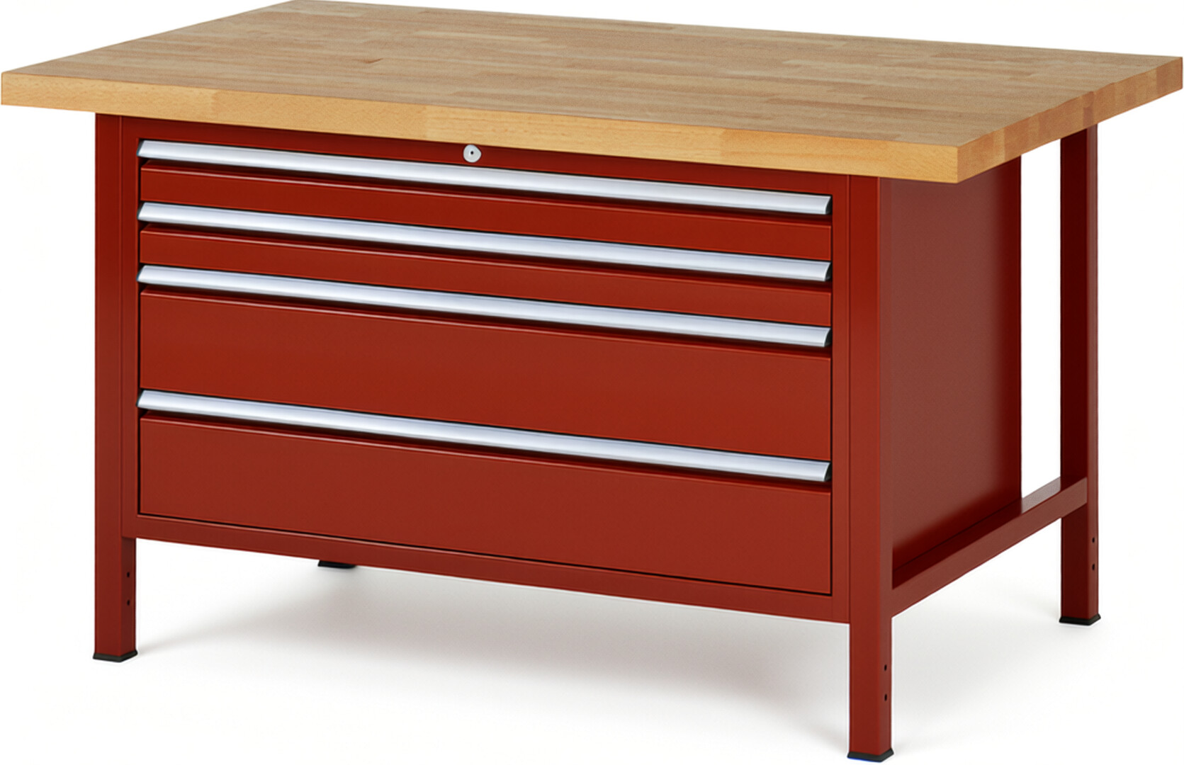 Werkbank Modell 8361 rot, BxTxH 1500x900x840 mm,  Buche-Massiv Arbeitsplatte 40 mm,  4 Schubladen mit  Auszug 90 %