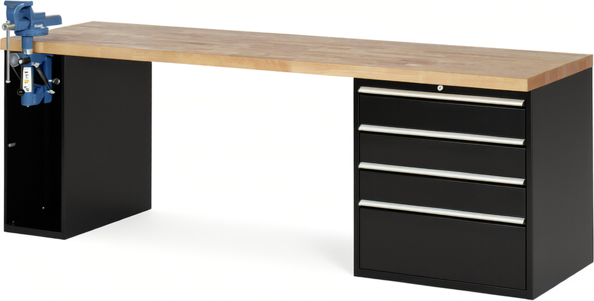 Werkbank Modell 7610 schwarz, BxTxH 2500x700x890 mm,  Buche-Massiv Arbeitsplatte 40 mm,  4 Schubladen mit  Vollauszug 100 % und  SoftClosing