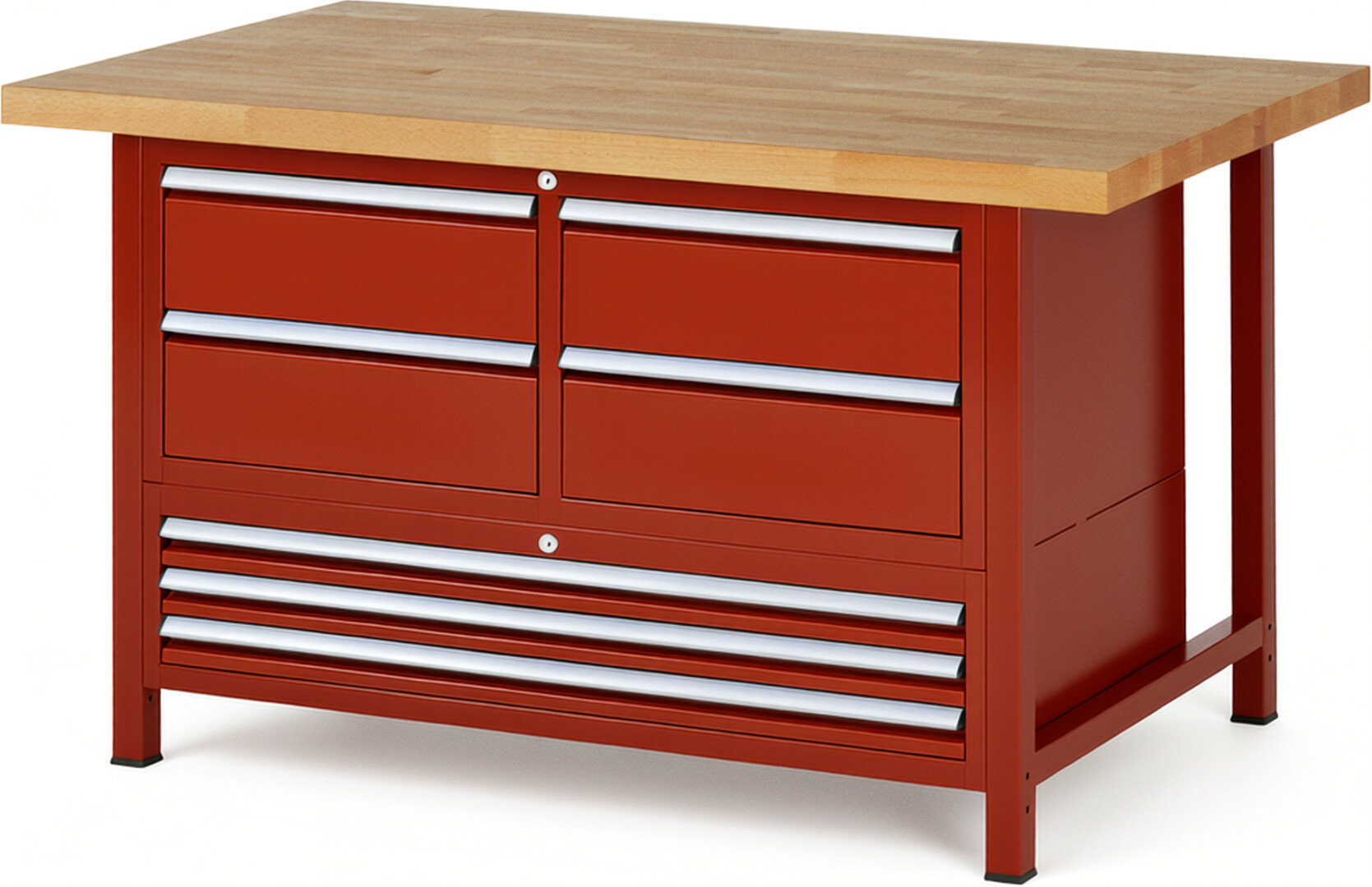 Werkbank Modell 8934 rot, BxTxH 1500x900x840 mm,  Buche-Massiv Arbeitsplatte 40 mm,  7 Schubladen mit  Vollauszug 100 % und  SoftClosing