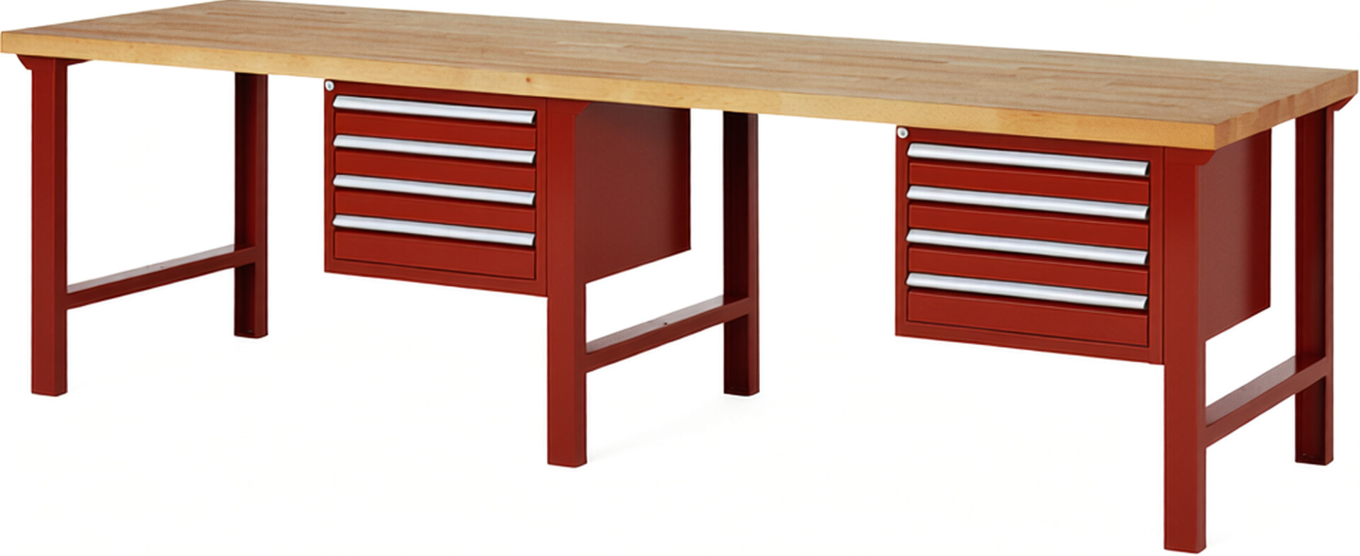 Werkbank Modell 7133 rot, BxTxH 3000x900x840 mm,  Buche-Massiv Arbeitsplatte 40 mm,  8 Schubladen mit  Vollauszug 100 % und  SoftClosing