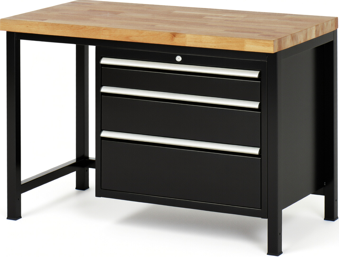 Werkbank Modell 8259 schwarz, BxTxH 1250x700x840 mm,  Buche-Massiv Arbeitsplatte 40 mm,  3 Schubladen mit  Vollauszug 100 % und  SoftClosing