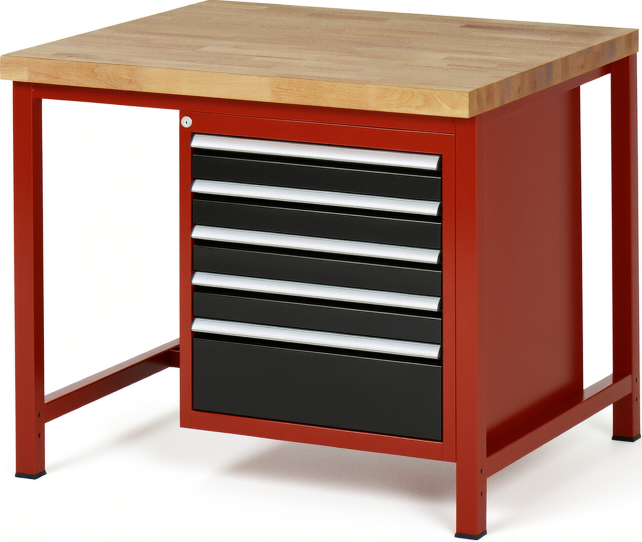 Werkbank Modell 8168 rot - schwarz, BxTxH 1000x900x840 mm,  Buche-Massiv Arbeitsplatte 40 mm,  5 Schubladen mit  Auszug 90 %