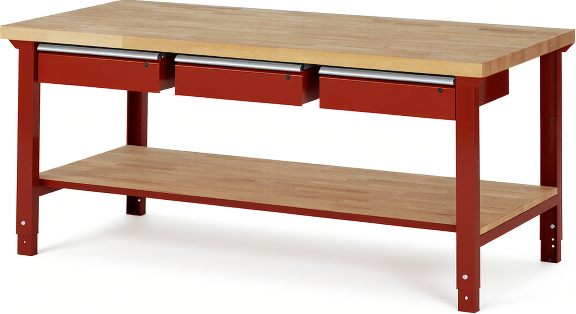Werkbank Modell 7003 rot, BxTxH 2000x900x790-1140 mm,  Buche-Massiv Arbeitsplatte 40 mm,  3 Schubladen mit  Auszug 90 %