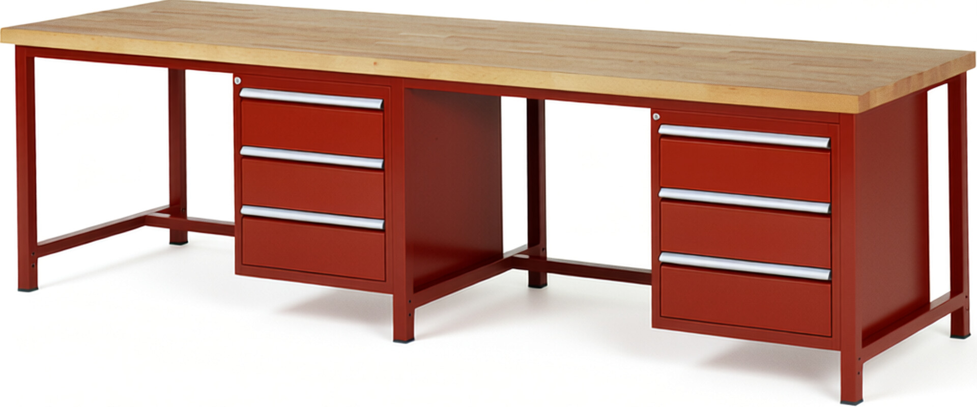 Werkbank Modell 8157 rot, BxTxH 3000x900x840-1040 mm,  Buche-Massiv Arbeitsplatte 40 mm,  6 Schubladen mit  Vollauszug 100 % und  SoftClosing