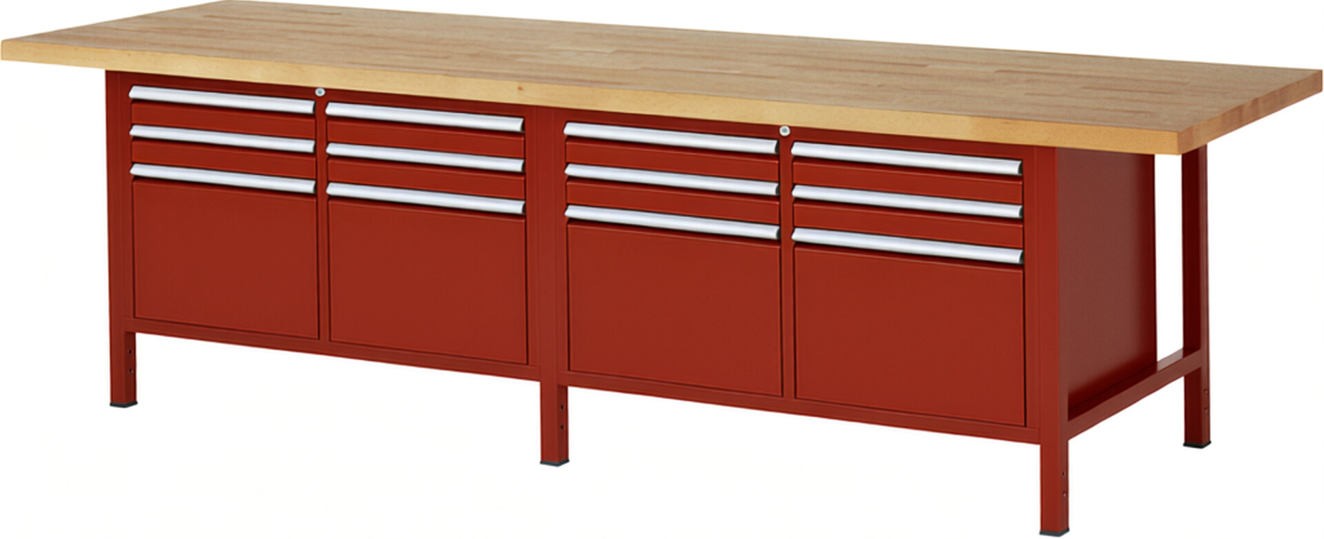 Werkbank Modell 8474 rot, BxTxH 3000x900x840 mm,  Buche-Massiv Arbeitsplatte 40 mm,  12 Schubladen mit  Vollauszug 100 % und  SoftClosing