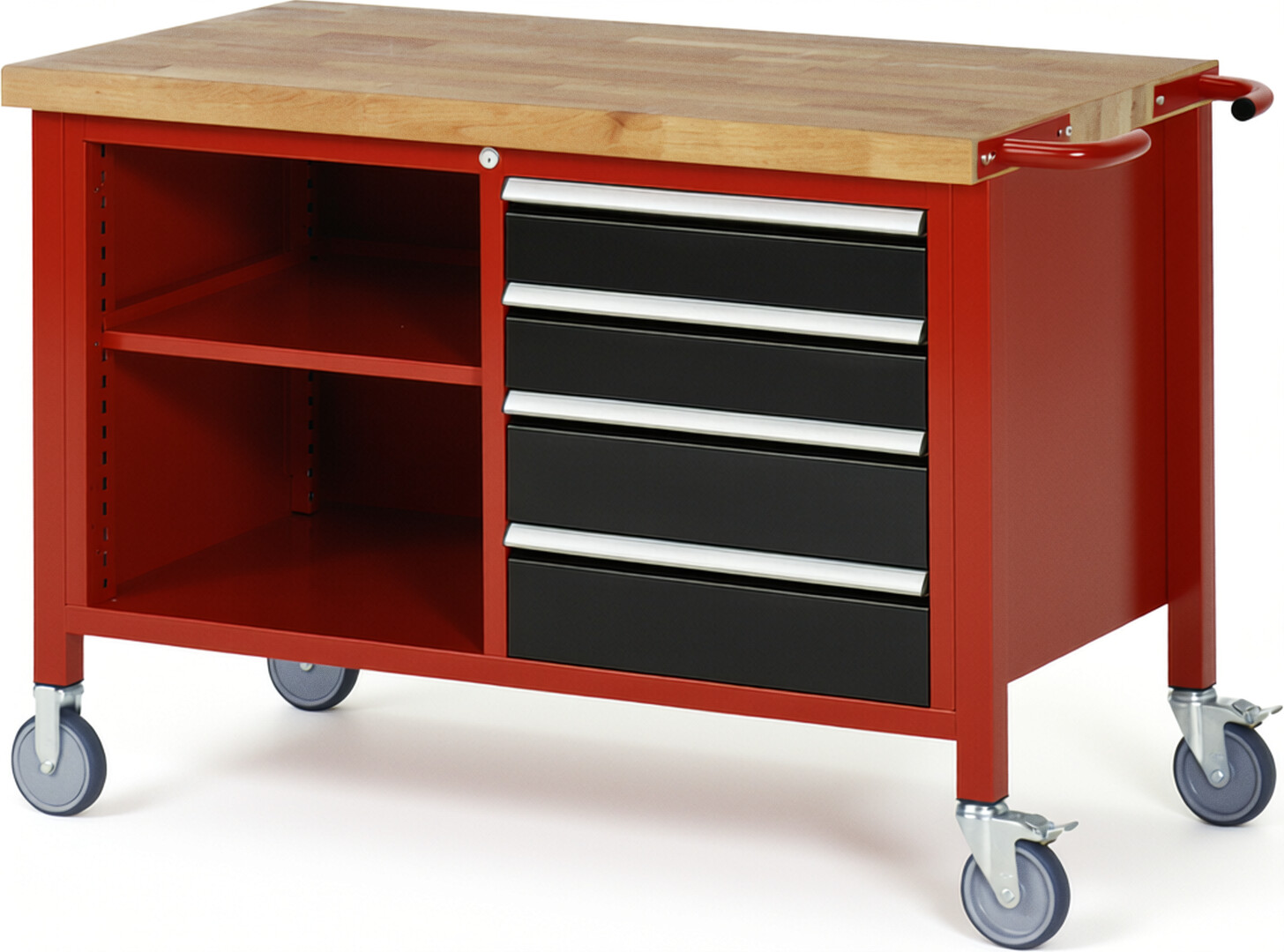 Fahrbare Werkbank Modell 8463 rot - schwarz, BxTxH 1250x700x880 mm,  Buche-Massiv Arbeitsplatte 40 mm,  4 Schubladen mit  Auszug 90 %