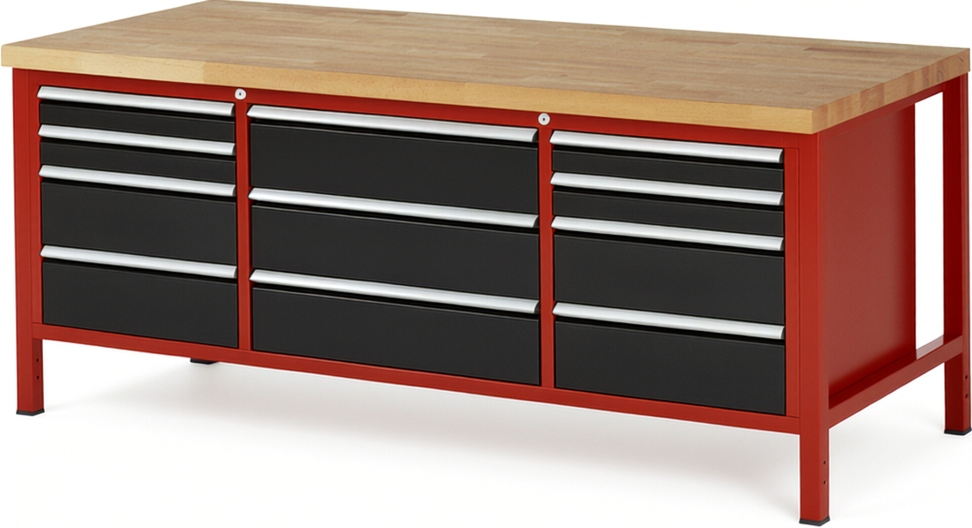 Werkbank Modell 8757 rot - schwarz, BxTxH 2000x900x840-1040 mm,  Buche-Massiv Arbeitsplatte 40 mm,  11 Schubladen mit  Vollauszug 100 % und  SoftClosing