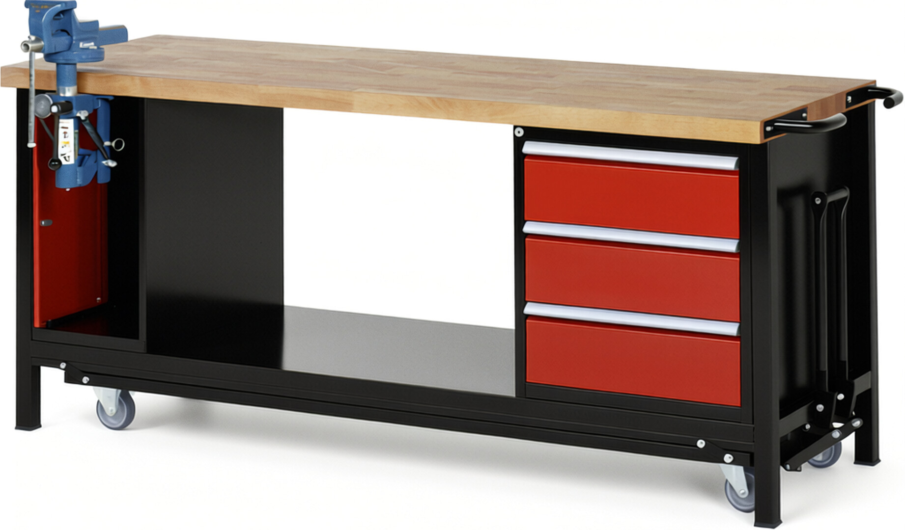 RAU Werkbank schwarz - rot - Breite 200 cm - Tiefe 70 cm - Höhe 88 cm - Buche-Massiv Arbeitsplatte 40 mm