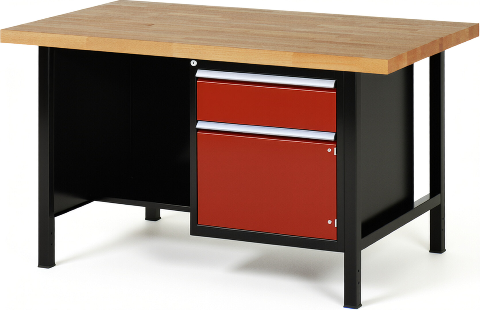 RAU Werkbank schwarz - rot - Breite 150 cm - Tiefe 90 cm - Höhe 84 cm - Buche-Massiv Arbeitsplatte 40 mm