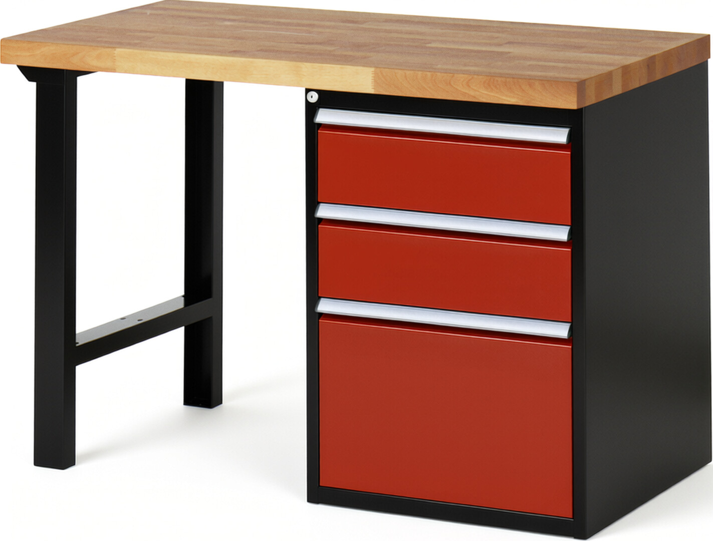 RAU Werkbank schwarz - rot - Breite 125 cm - Tiefe 70 cm - Höhe 89 cm - Buche-Massiv Arbeitsplatte 40 mm