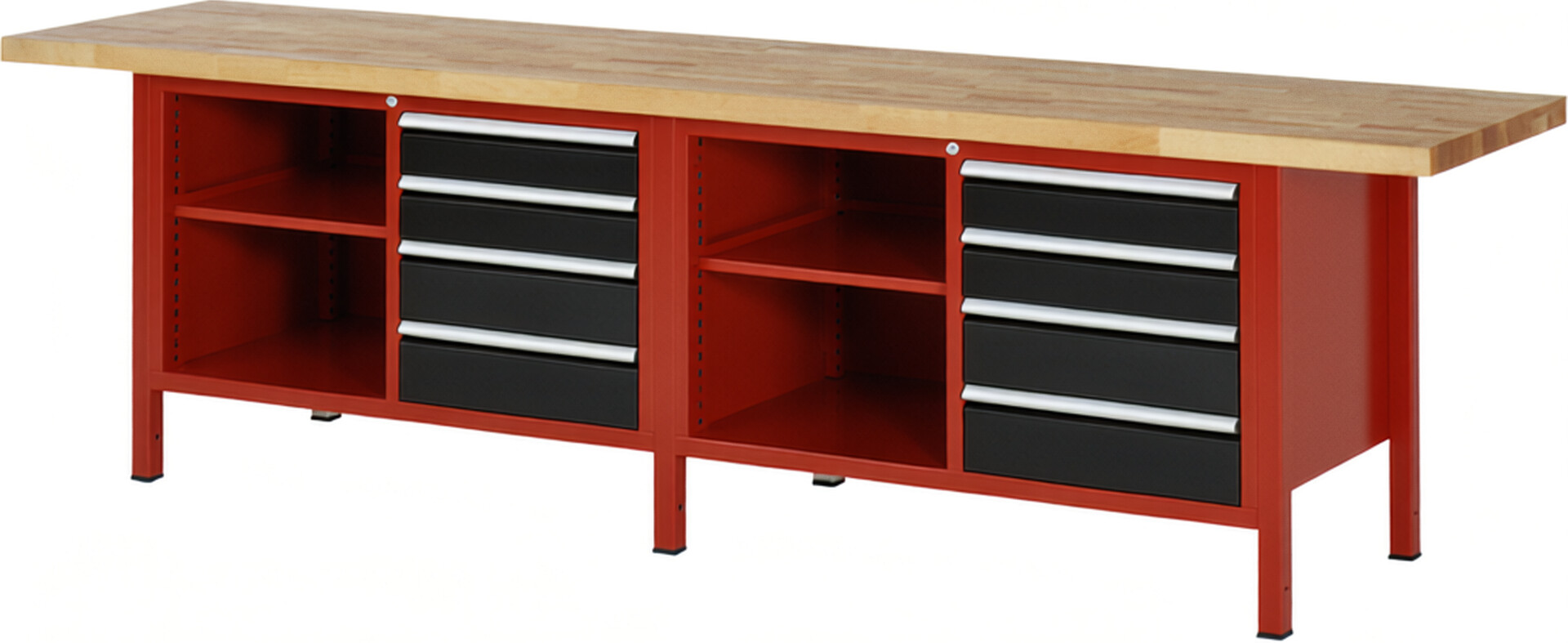 Werkbank Modell 8463 rot - schwarz, BxTxH 3000x700x840-1040 mm,  Buche-Massiv Arbeitsplatte 40 mm,  8 Schubladen mit  Auszug 90 %