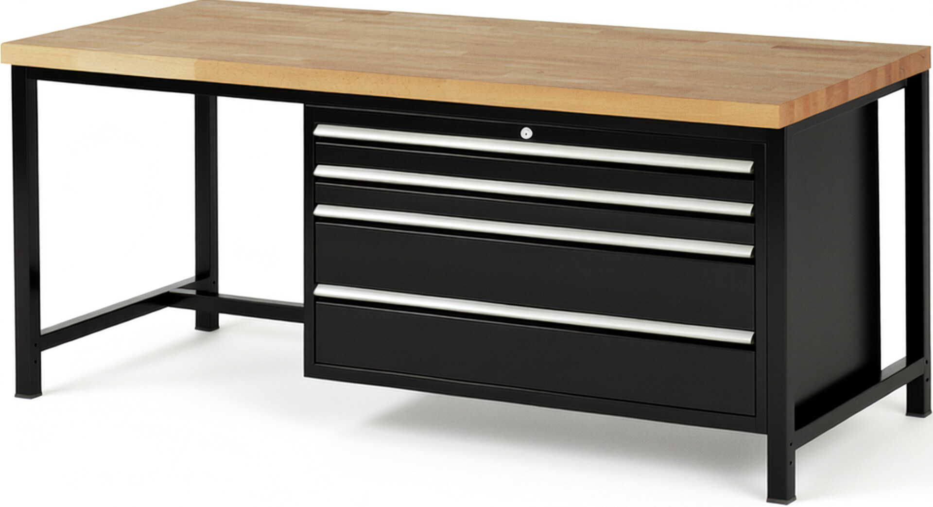Werkbank Modell 8361 schwarz, BxTxH 2000x900x840 mm,  Buche-Massiv Arbeitsplatte 40 mm,  4 Schubladen mit  Auszug 90 %