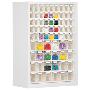 Kleinteilemagazin - Hängeschrank, BxTxH 665x250x910 mm, 69 Kästen, 45xGr. 9, 24xGr. 6, RAL 7035 lichtgrau