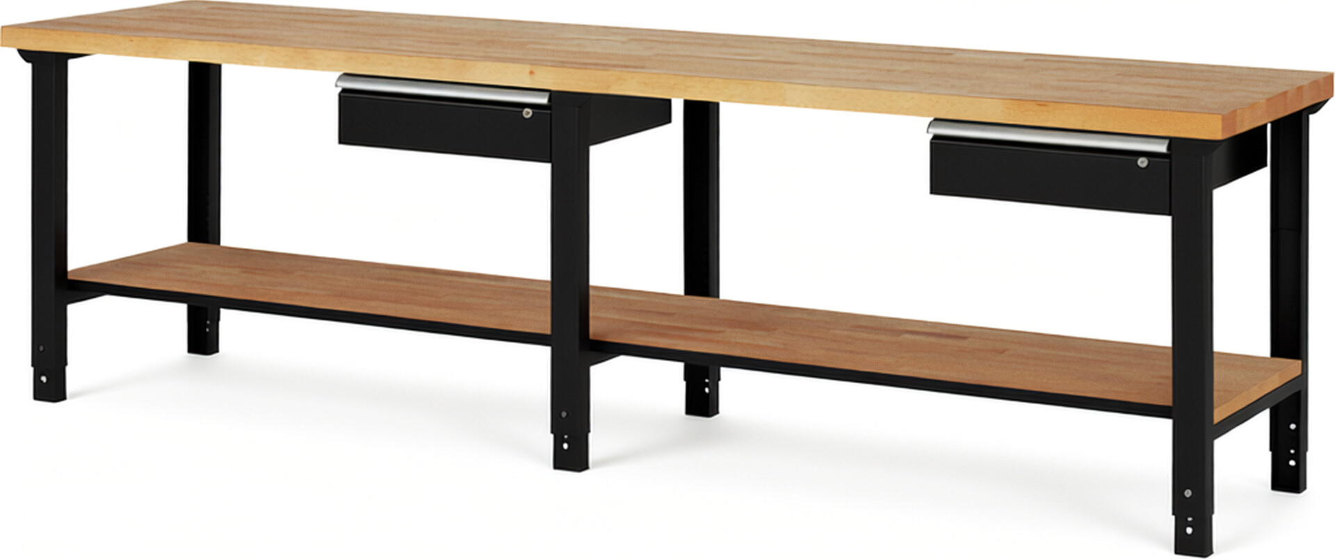 Werkbank Modell 7001 schwarz, BxTxH 3000x700x790-1140 mm,  Buche-Massiv Arbeitsplatte 40 mm,  2 Schubladen mit  Auszug 90 %