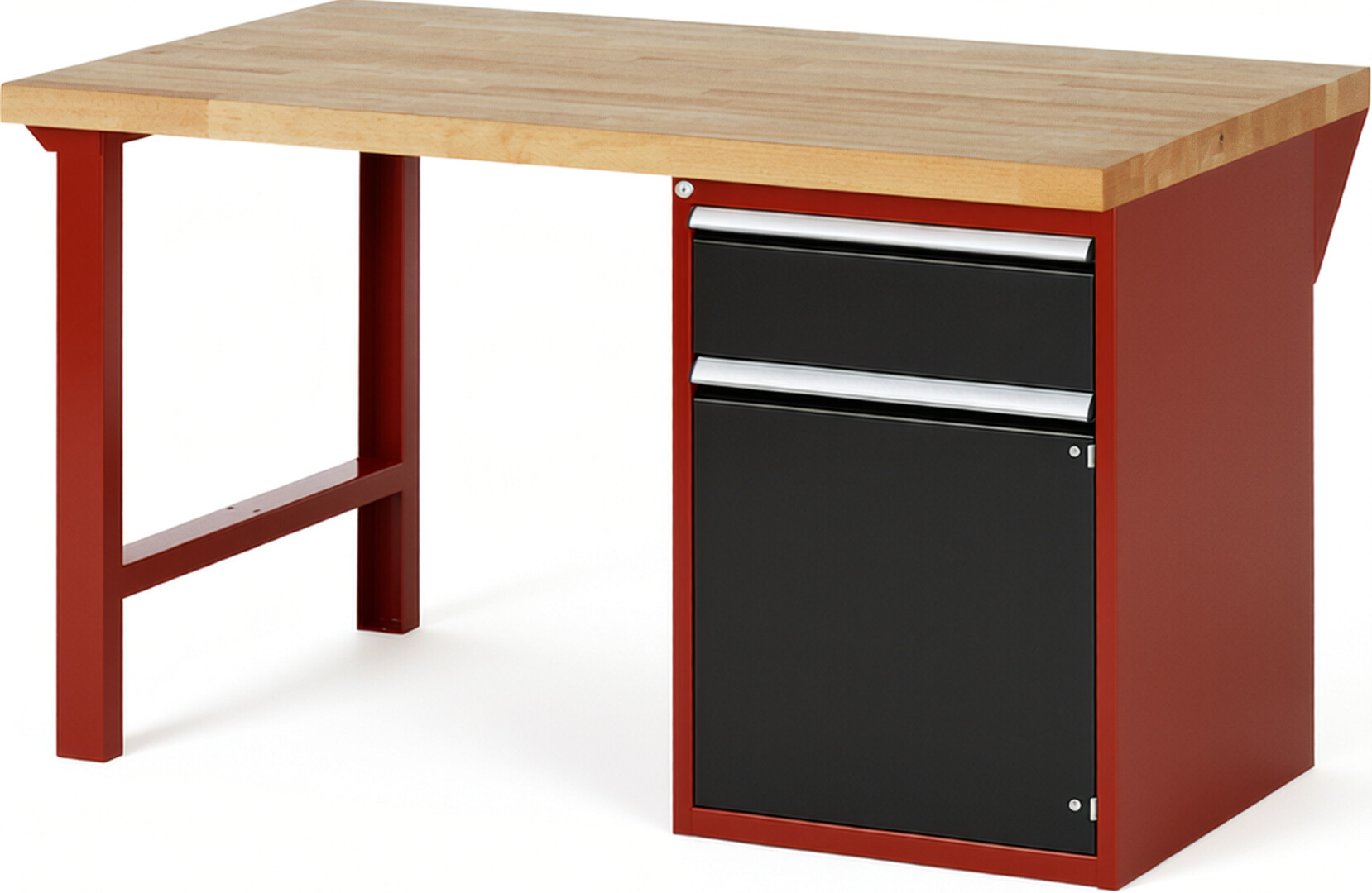 Werkbank Modell 7502 rot - schwarz, BxTxH 1500x900x890 mm,  Buche-Massiv Arbeitsplatte 40 mm,  1 Schublade mit  Auszug 90 %