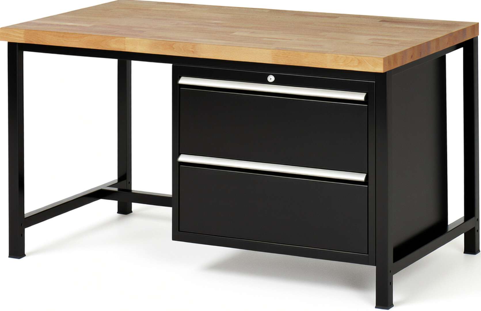 Werkbank Modell 8255 schwarz, BxTxH 1500x900x840-1040 mm,  Buche-Massiv Arbeitsplatte 40 mm,  2 Schubladen mit  Vollauszug 100 % und  SoftClosing