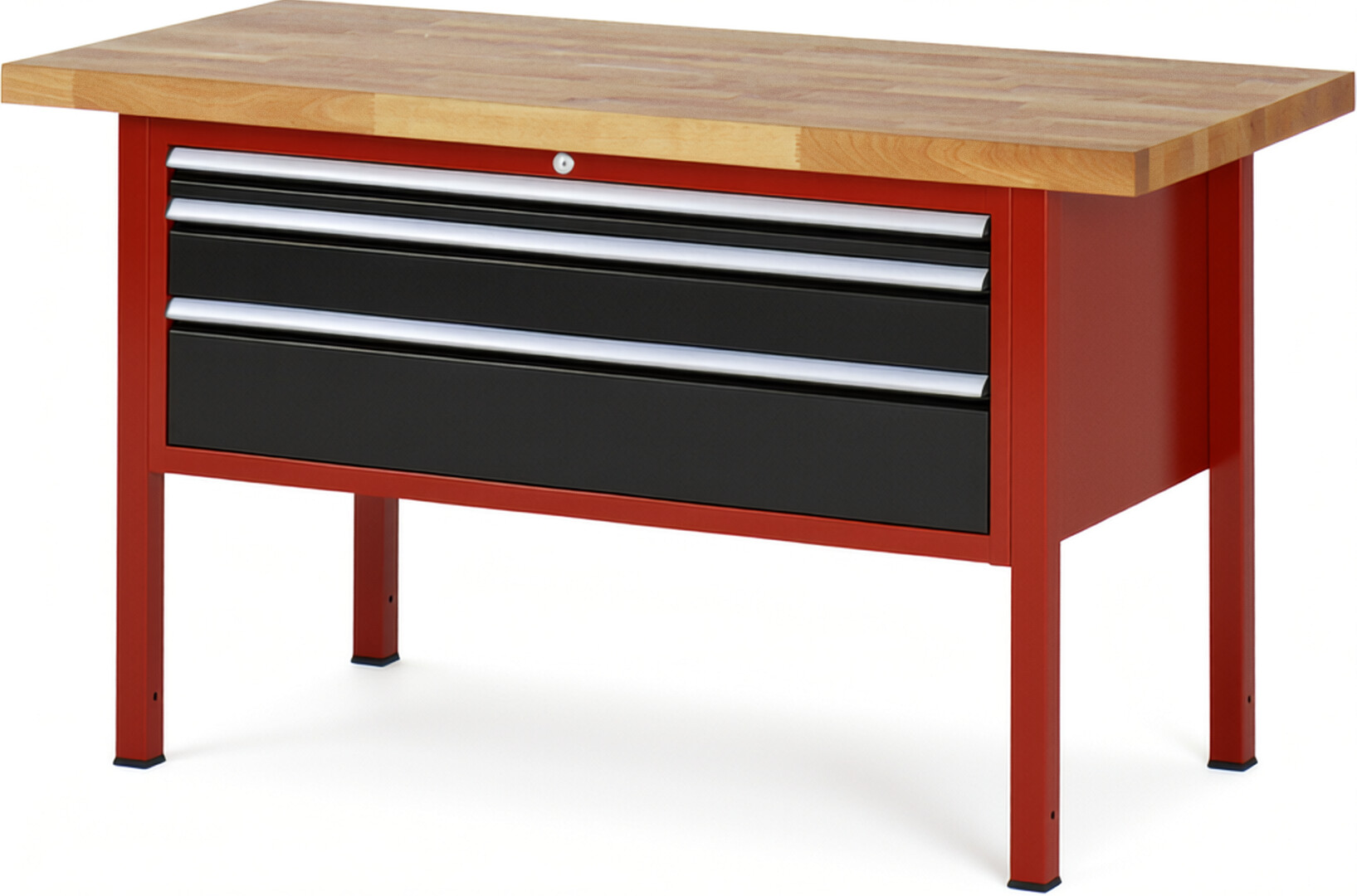 Werkbank Modell 8326 rot - schwarz, BxTxH 1500x700x840 mm,  Buche-Massiv Arbeitsplatte 40 mm,  3 Schubladen mit  Vollauszug 100 % und  SoftClosing