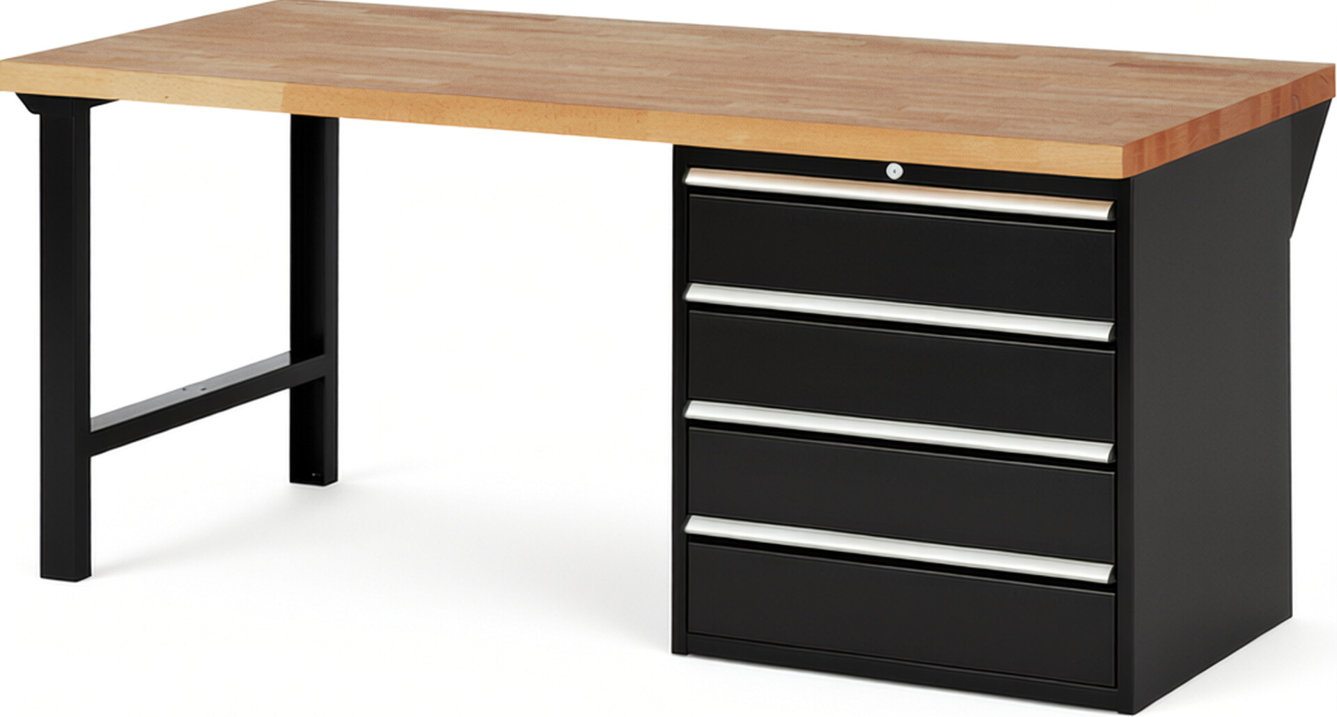 Werkbank Modell 7609 schwarz, BxTxH 2000x900x890 mm,  Buche-Massiv Arbeitsplatte 40 mm,  4 Schubladen mit  Auszug 90 %