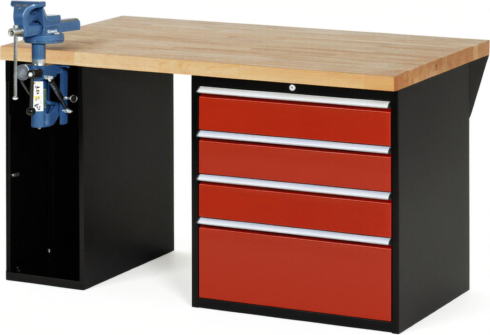 RAU Werkbank schwarz - rot - Breite 150 cm - Tiefe 90 cm - Höhe 89 cm - Buche-Massiv Arbeitsplatte 40 mm
