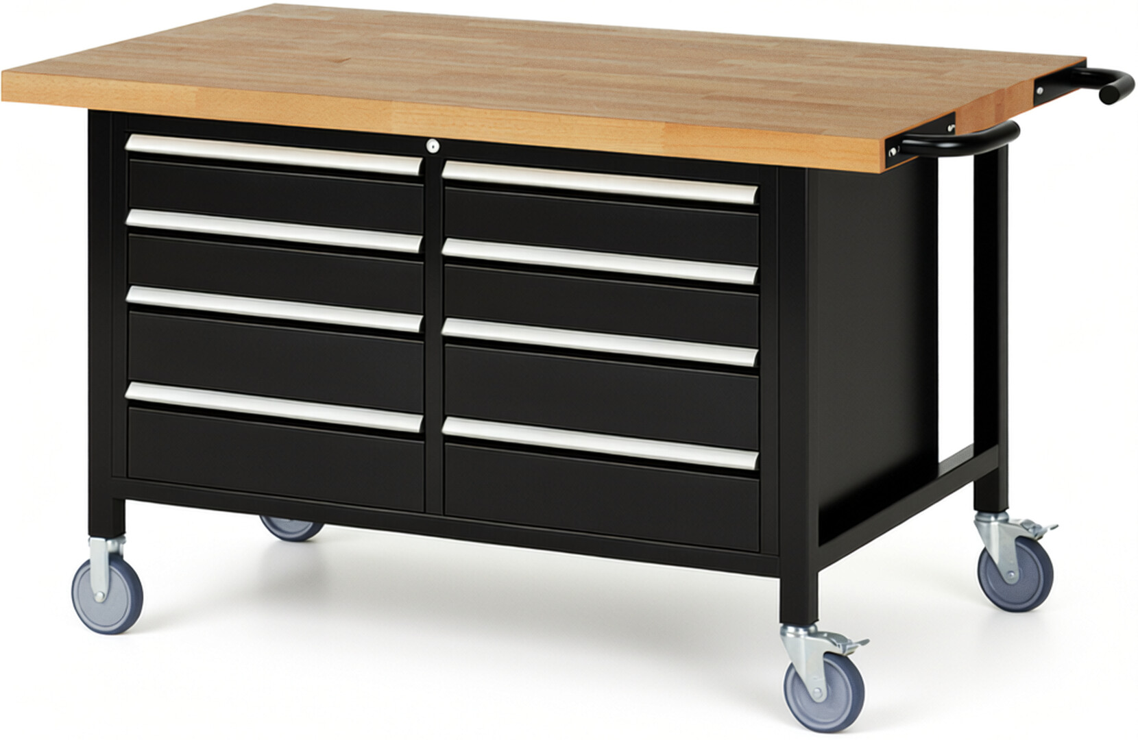 Fahrbare Werkbank Modell 8477 schwarz, BxTxH 1500x900x880 mm,  Buche-Massiv Arbeitsplatte 40 mm,  8 Schubladen mit  Auszug 90 %