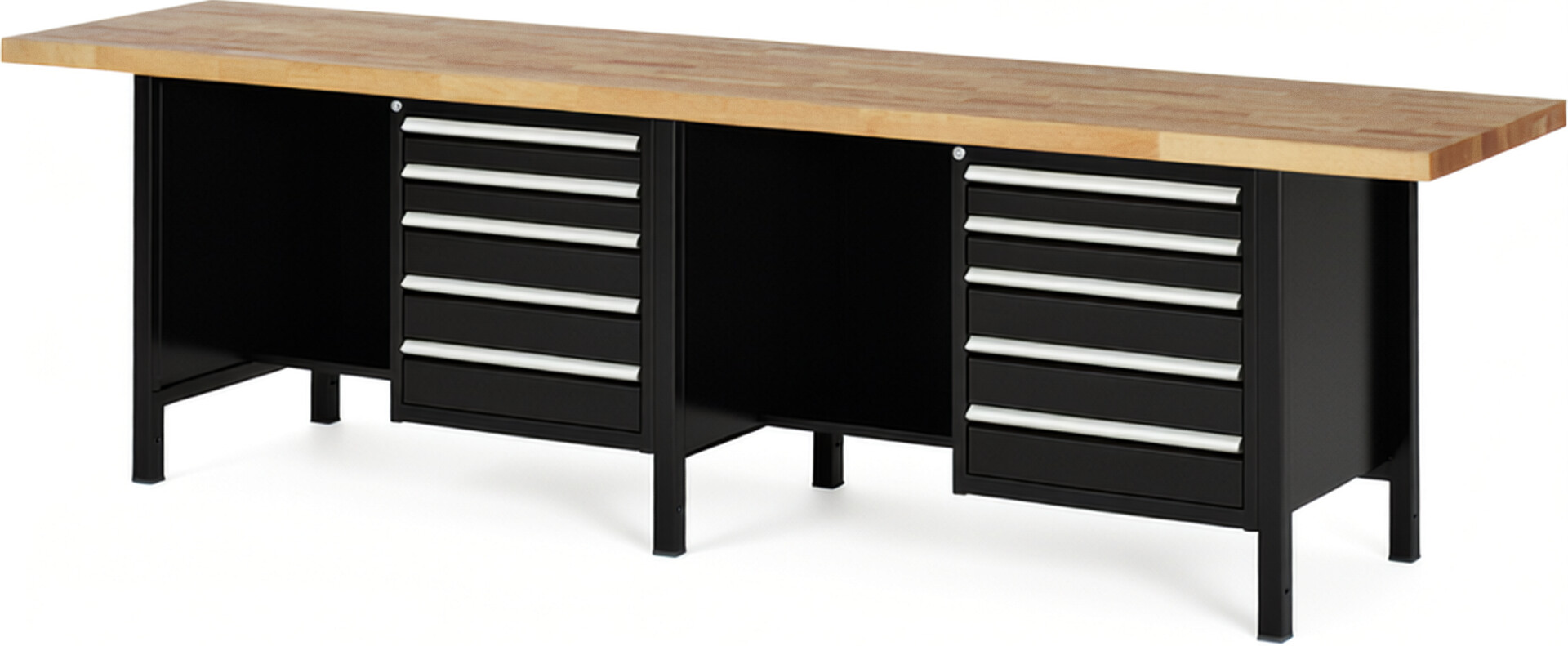 Werkbank Modell 8454 schwarz, BxTxH 3000x700x840 mm,  Buche-Massiv Arbeitsplatte 40 mm,  10 Schubladen mit  Vollauszug 100 % und  SoftClosing