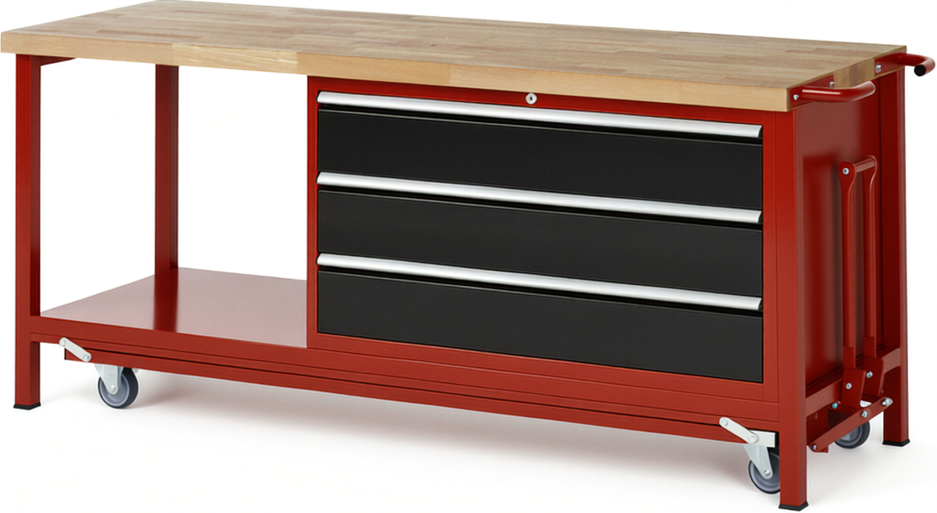 Absenkbare Werkbank Modell 8357 rot - schwarz, BxTxH 2000x700x880 mm,  Buche-Massiv Arbeitsplatte 40 mm,  3 Schubladen mit  Auszug 90 %